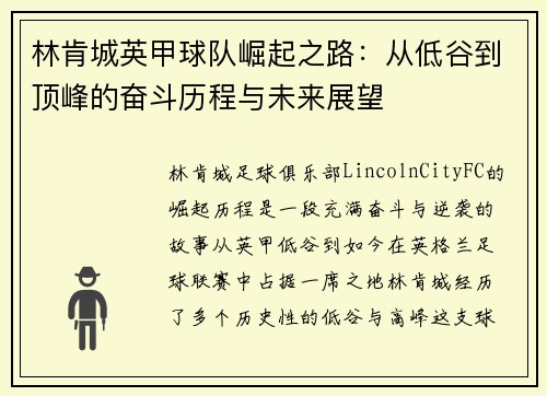 林肯城英甲球队崛起之路:从低谷到顶峰的奋斗历程与未来展望 林肯城英甲球队崛起之路:从低谷到顶峰的奋斗历程与未来展望