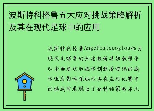 波斯特科格鲁五大应对挑战策略解析及其在现代足球中的应用 波斯特科格鲁五大应对挑战策略解析及其在现代足球中的应用
