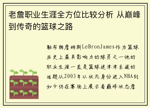 老詹职业生涯全方位比较分析 从巅峰到传奇的篮球之路 老詹职业生涯全方位比较分析 从巅峰到传奇的篮球之路