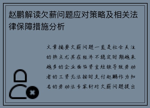 赵鹏解读欠薪问题应对策略及相关法律保障措施分析 赵鹏解读欠薪问题应对策略及相关法律保障措施分析