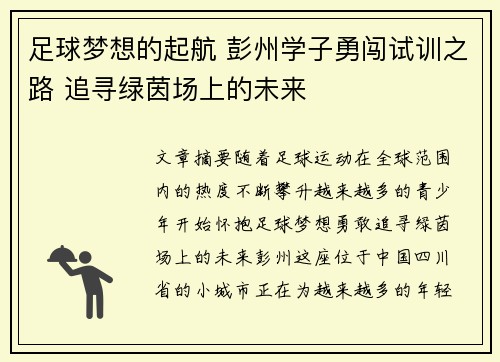 足球梦想的起航 彭州学子勇闯试训之路 追寻绿茵场上的未来
